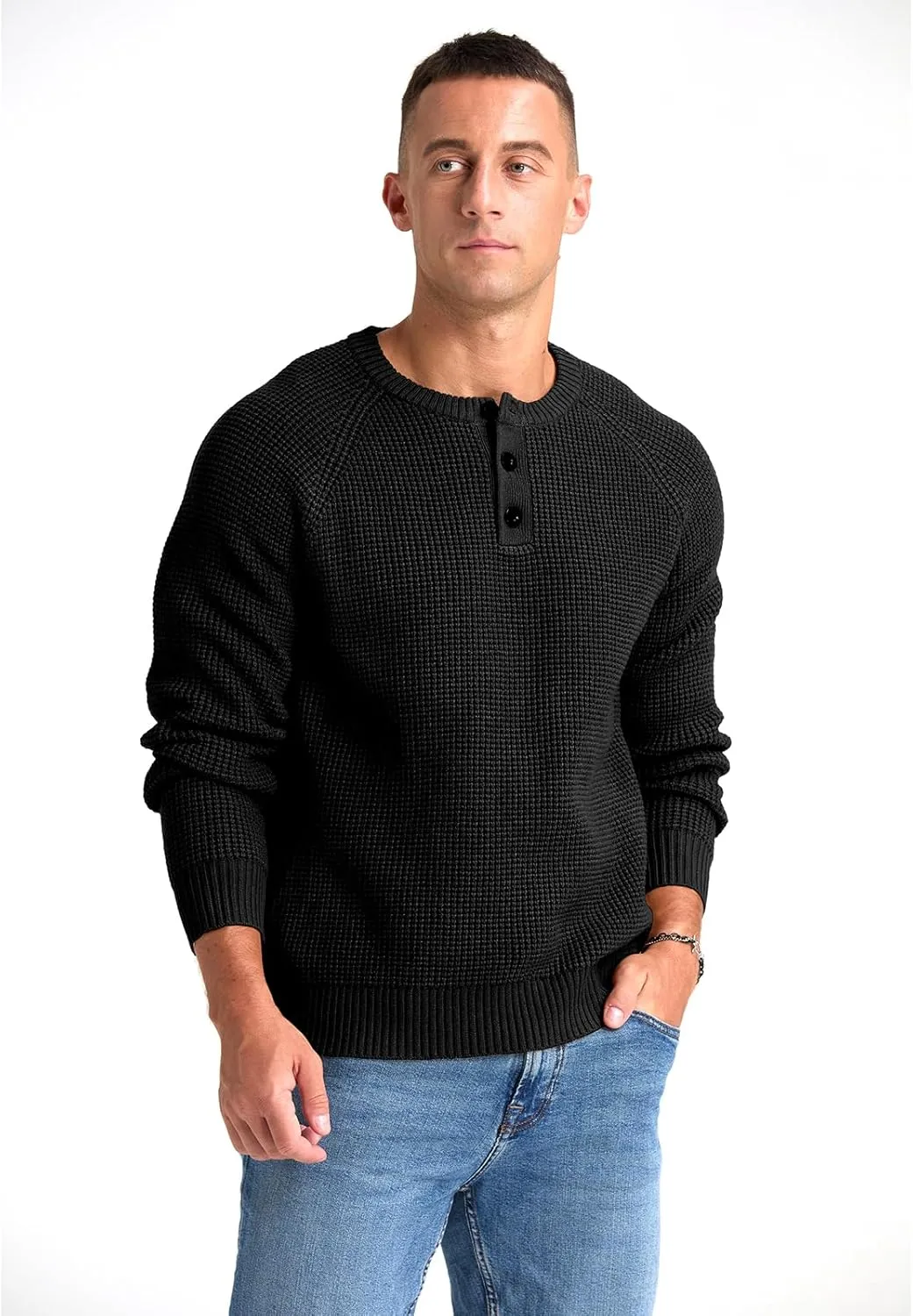 RQP Men's Henley Sweater Long Sleeve Button Crewneck Sweater Knit Sweater Casual Waffle Texture Pullover Sweater