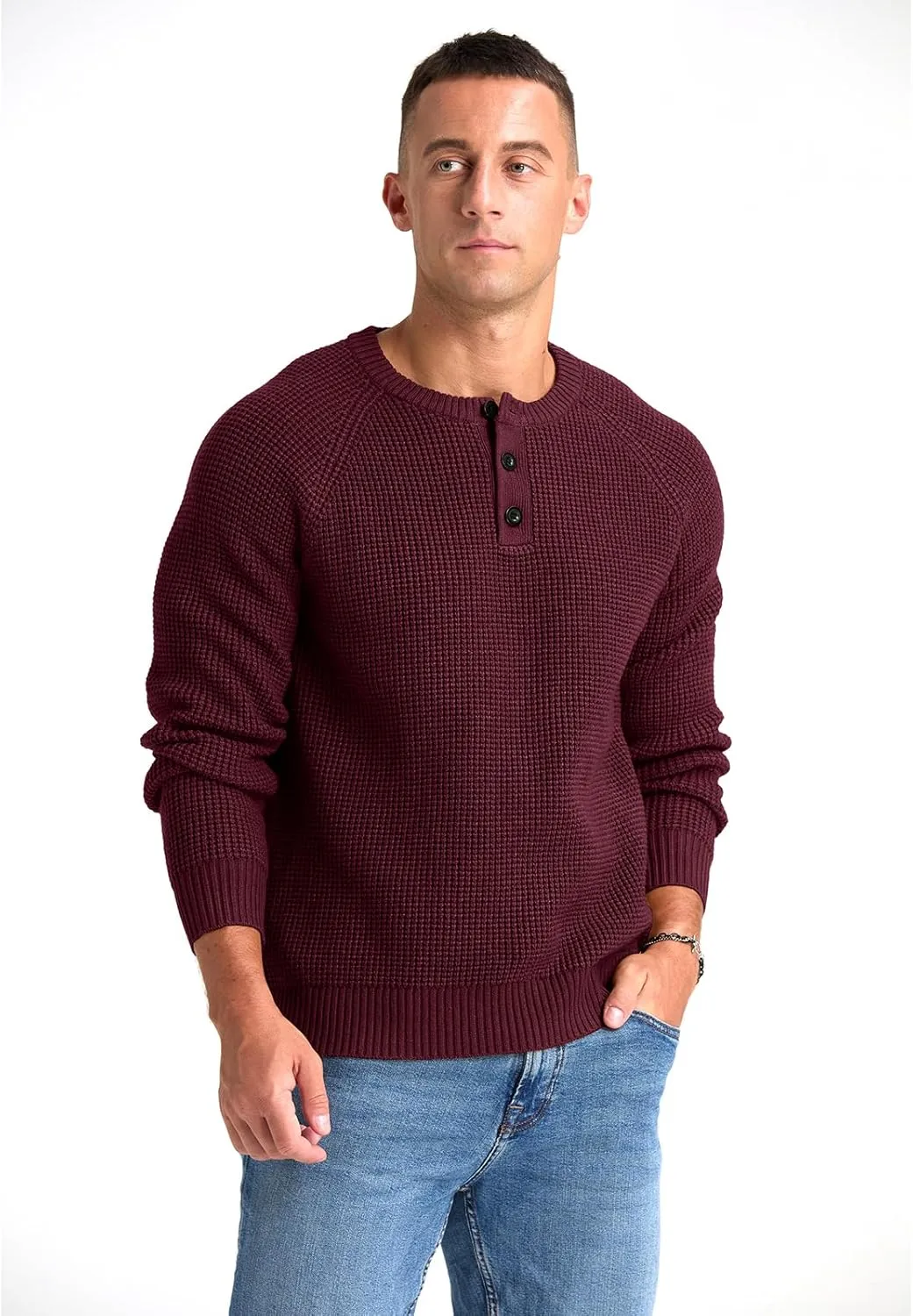 RQP Men's Henley Sweater Long Sleeve Button Crewneck Sweater Knit Sweater Casual Waffle Texture Pullover Sweater