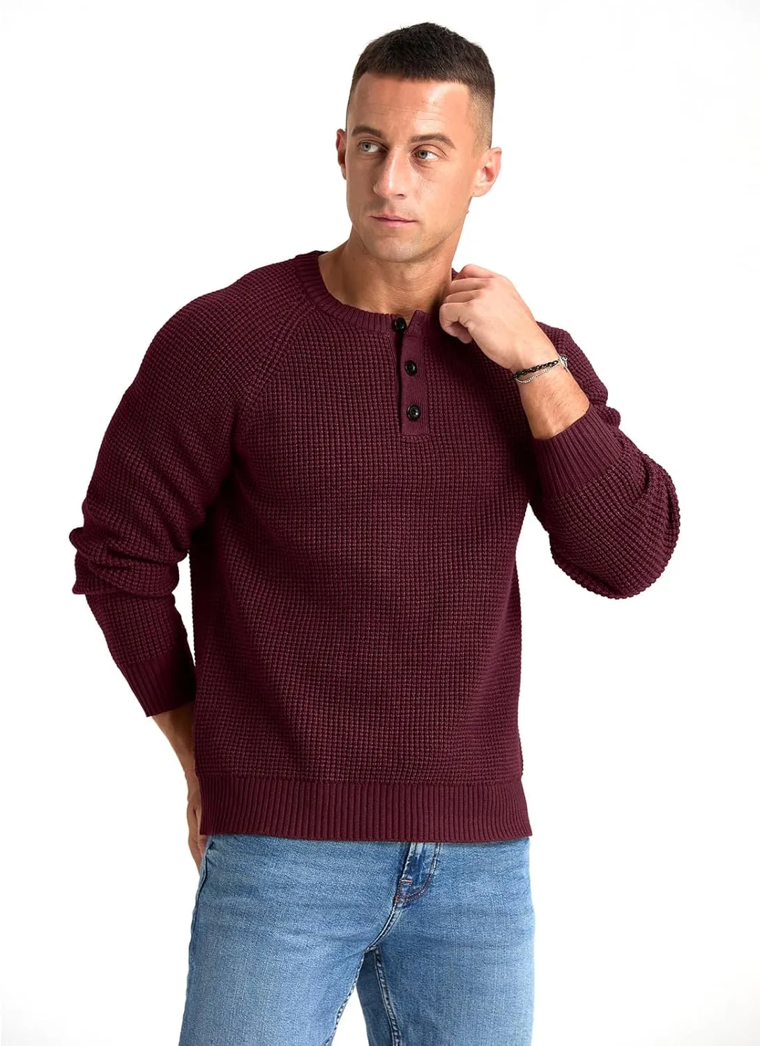 RQP Men's Henley Sweater Long Sleeve Button Crewneck Sweater Knit Sweater Casual Waffle Texture Pullover Sweater