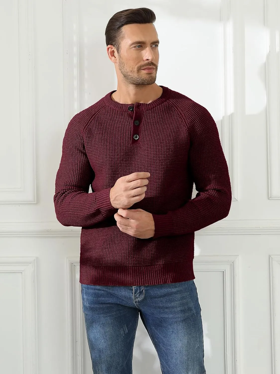 RQP Men's Henley Sweater Long Sleeve Button Crewneck Sweater Knit Sweater Casual Waffle Texture Pullover Sweater