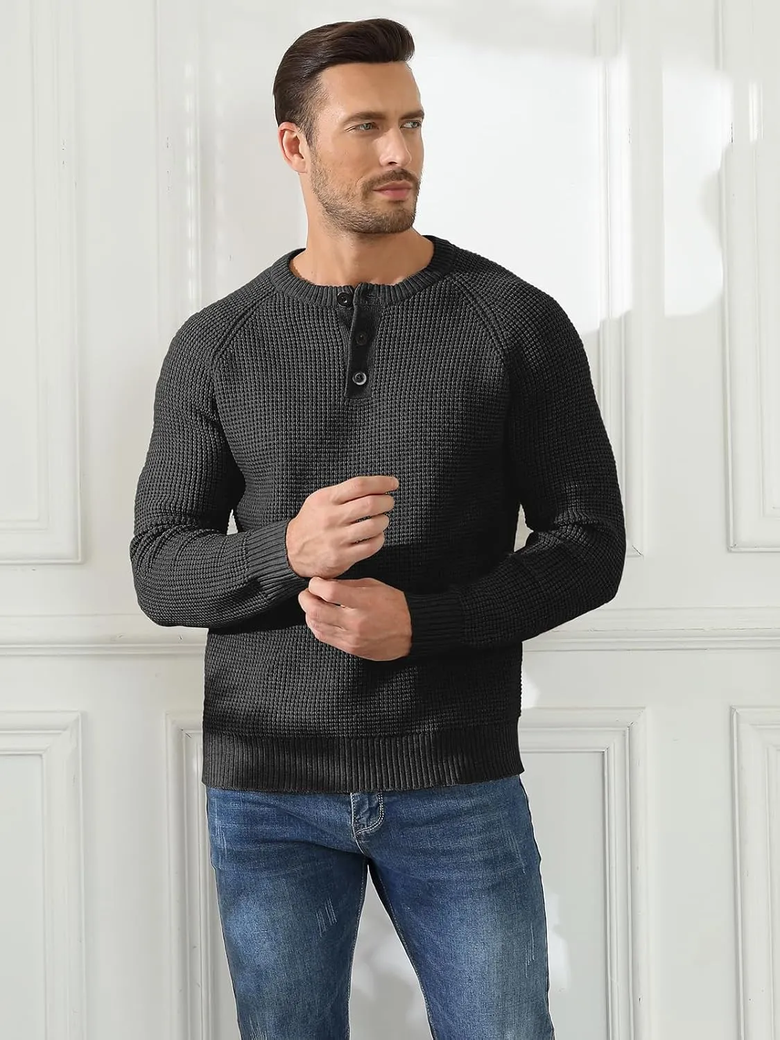 RQP Men's Henley Sweater Long Sleeve Button Crewneck Sweater Knit Sweater Casual Waffle Texture Pullover Sweater