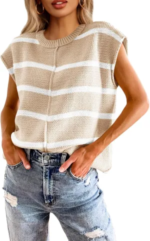 Saodimallsu Womens Cap Sleeve Tank Tops Striped Crew Neck Casual Loose Fit Spring Summer Pullover Knit Sweater Vest