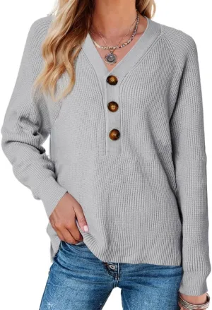 Sweater Button Up Women Henley Long Sleeve Sweater Pullover Fall 2024 Elegant Button V Neck Pullover, Small-3X-Large