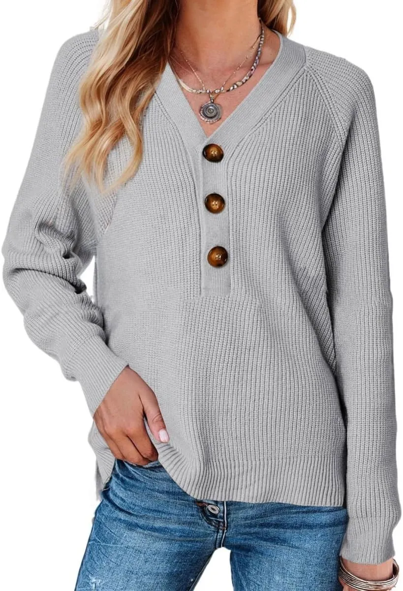 Sweater Button Up Women Henley Long Sleeve Sweater Pullover Fall 2024 Elegant Button V Neck Pullover, Small-3X-Large