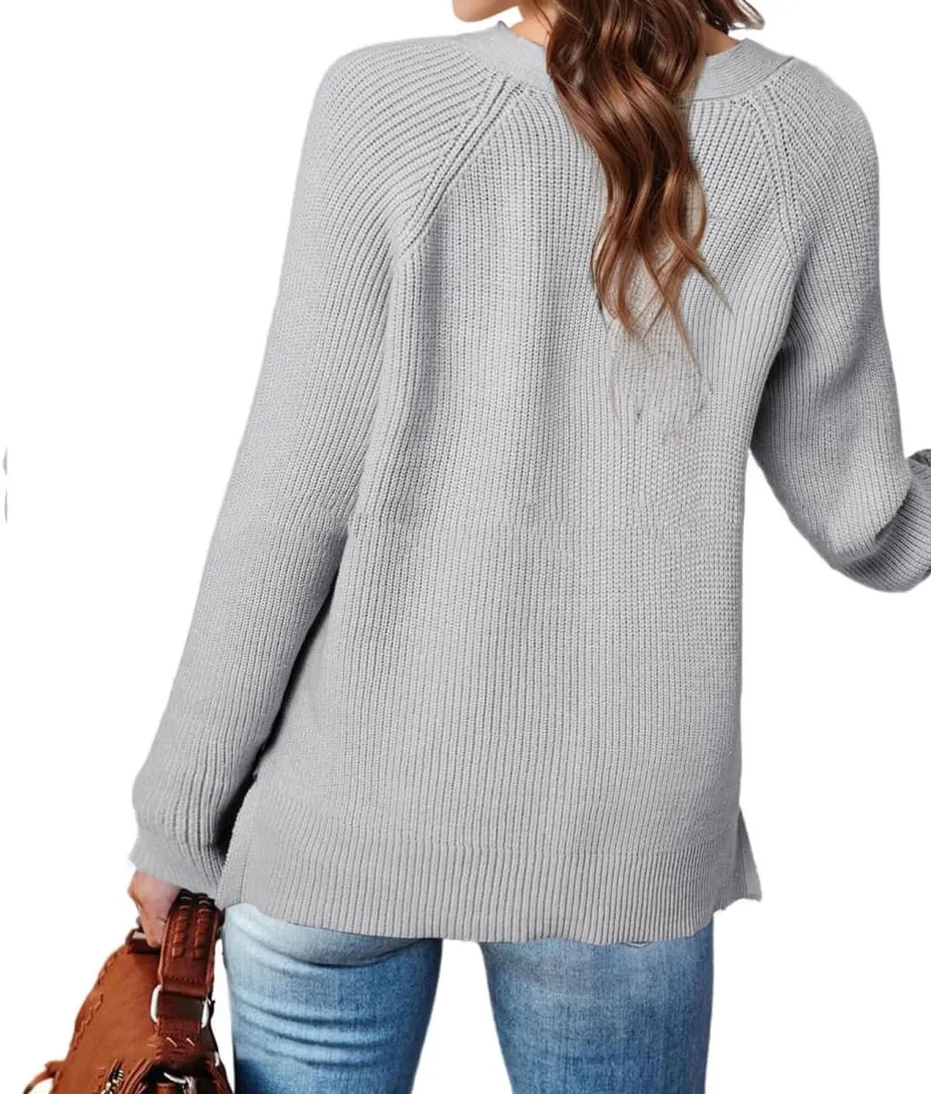 Sweater Button Up Women Henley Long Sleeve Sweater Pullover Fall 2024 Elegant Button V Neck Pullover, Small-3X-Large