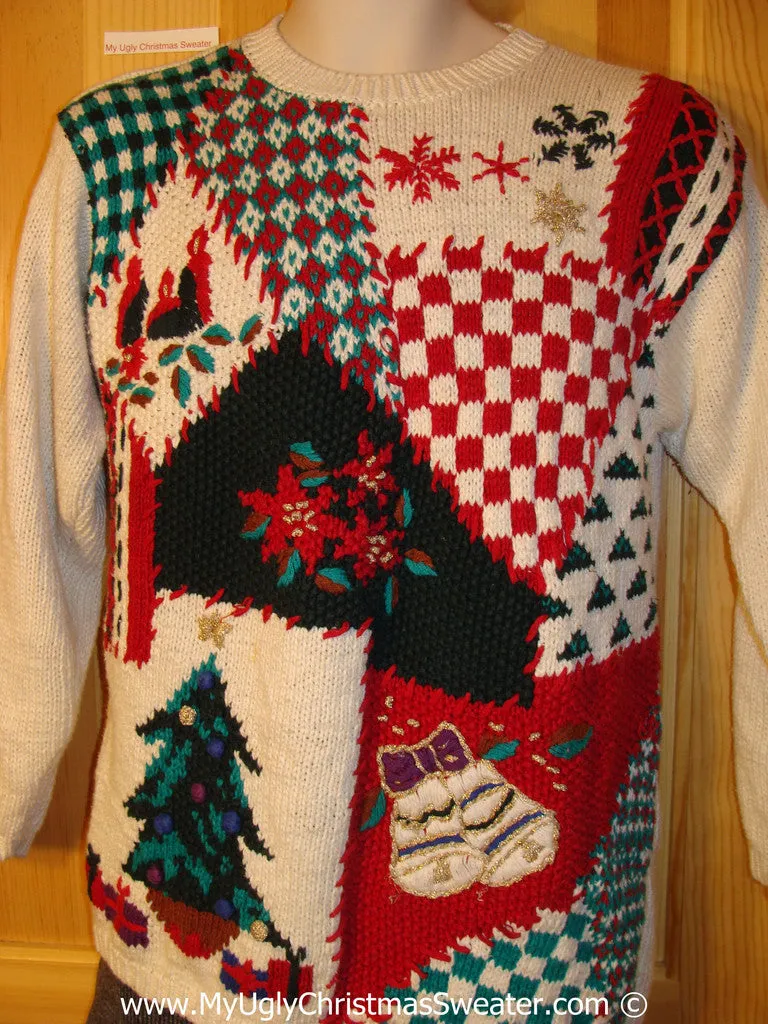 Tacky Christmas Sweater Party Classic 80s Horrid Ugly Sweater with Geometric Checkerboard Blocks and Festive Decorations (f1034)