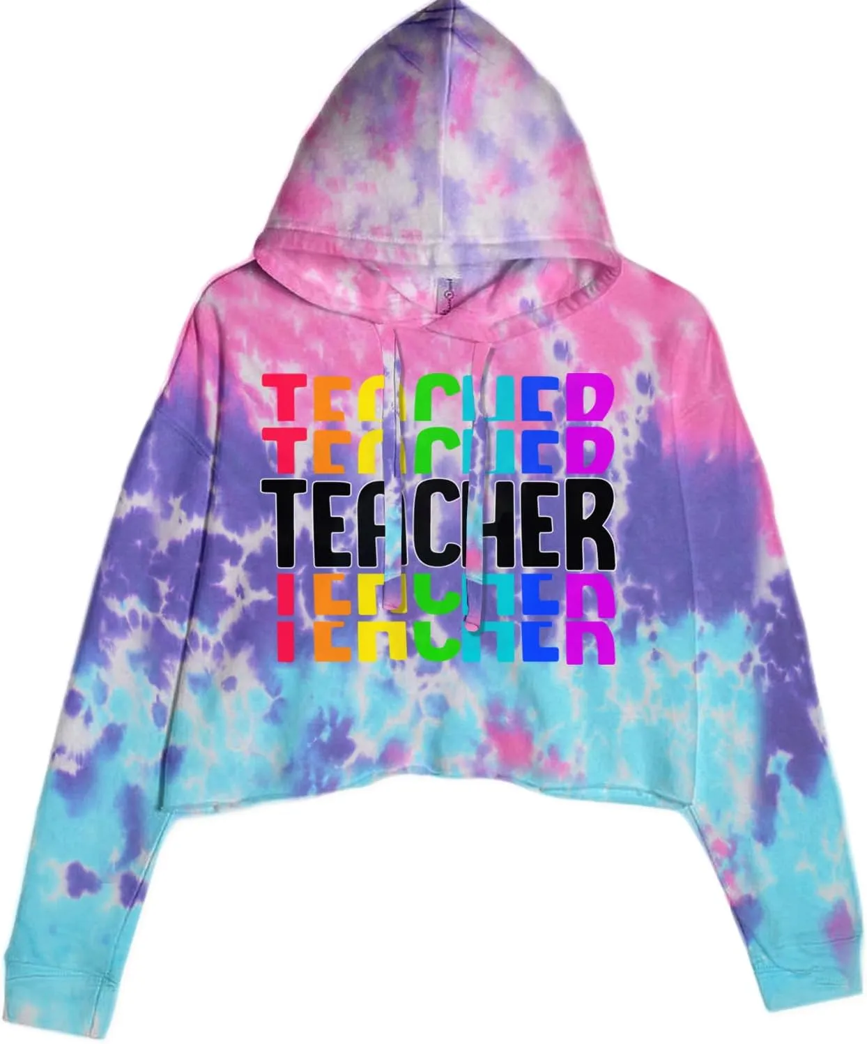 Teacher Repeated Rainbow Pattern Cropped Fleece Hoodie, Soft & Cozy, Trendy Fit