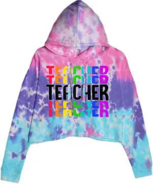 Teacher Repeated Rainbow Pattern Cropped Fleece Hoodie, Soft & Cozy, Trendy Fit
