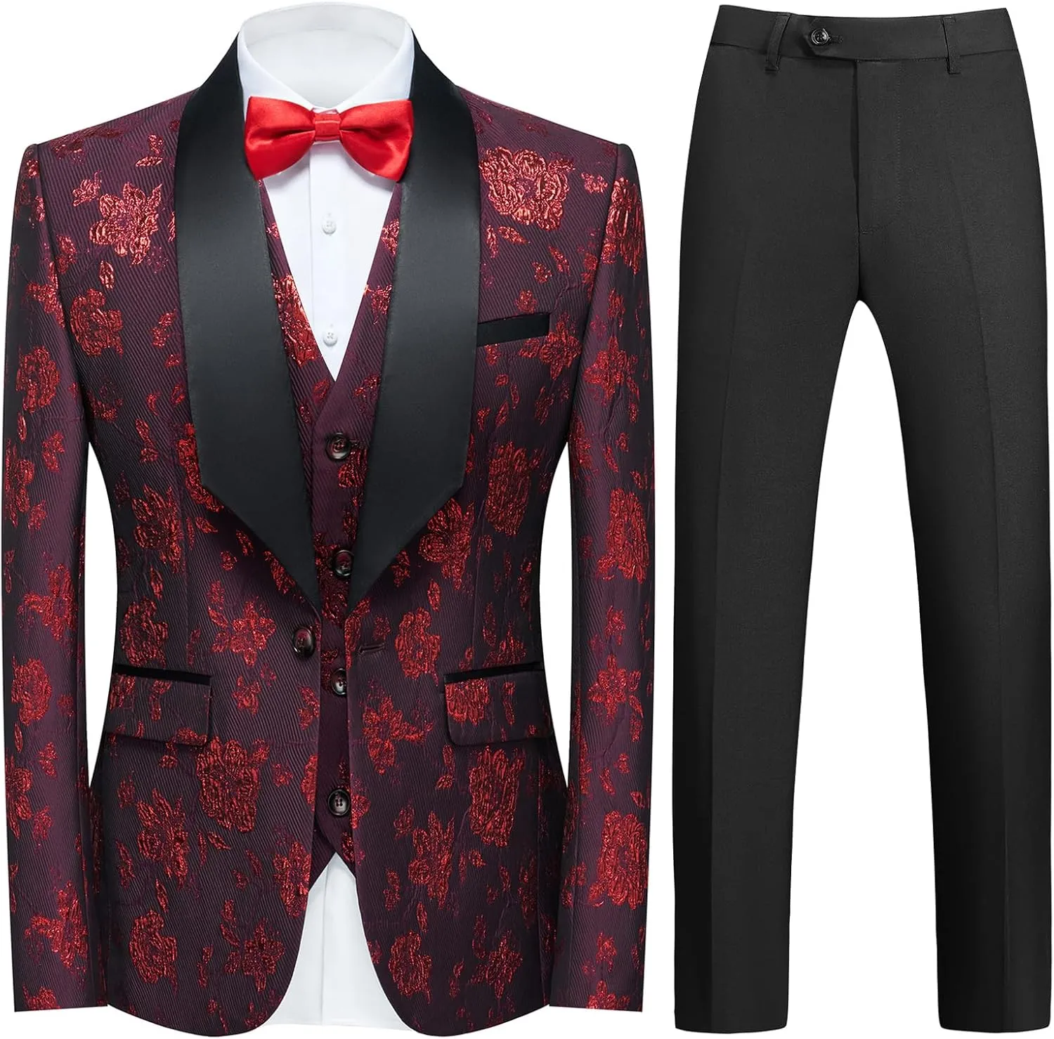 Tuxedo Suits for Men 3 Piece Regular Fit Men's Suit Set Floral Pattern Blazer Jacket Waistcoat Pants