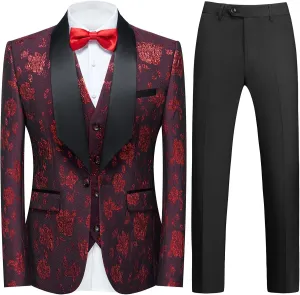 Tuxedo Suits for Men 3 Piece Regular Fit Men's Suit Set Floral Pattern Blazer Jacket Waistcoat Pants