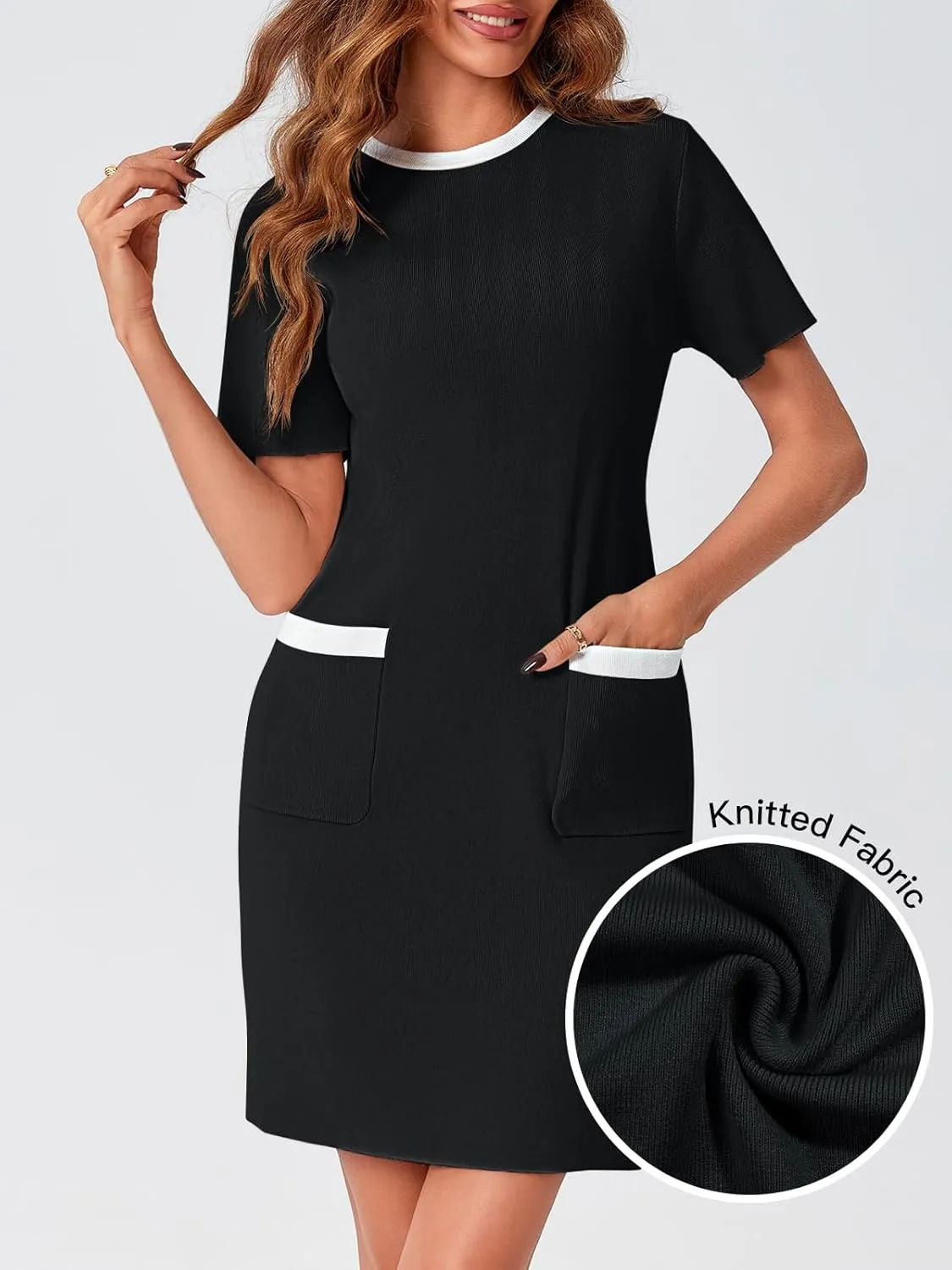 Wenrine Womens Work Dress Business Casual Contrast Color Elegant Short Sleeve Knit Summer Mini Dress