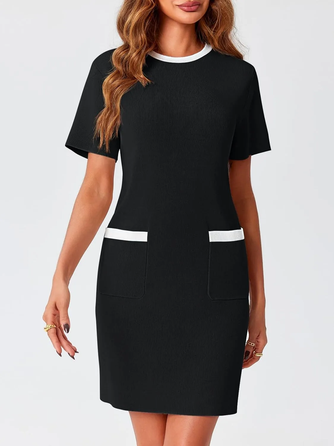 Wenrine Womens Work Dress Business Casual Contrast Color Elegant Short Sleeve Knit Summer Mini Dress