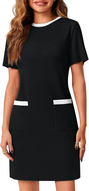 Wenrine Womens Work Dress Business Casual Contrast Color Elegant Short Sleeve Knit Summer Mini Dress