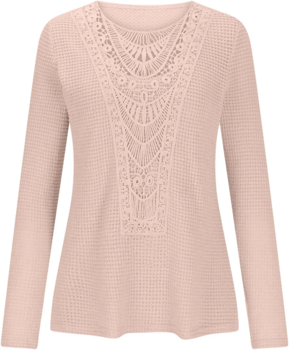 Wkishenl Womens Sweaters 2024 Elegant Lace Patchwork Crewneck Knit Pullover Tops Cute Soft Long Sleeve Hollow Cable Knit Tops