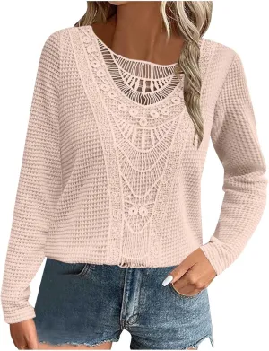 Wkishenl Womens Sweaters 2024 Elegant Lace Patchwork Crewneck Knit Pullover Tops Cute Soft Long Sleeve Hollow Cable Knit Tops