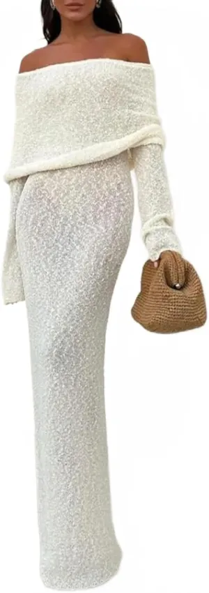 Women Sexy Off Shoulder Maxi Dress Long Sleeve Knit Crochet Bodycon Ruched Mesh Beach Vacation Party Sweater Dresses
