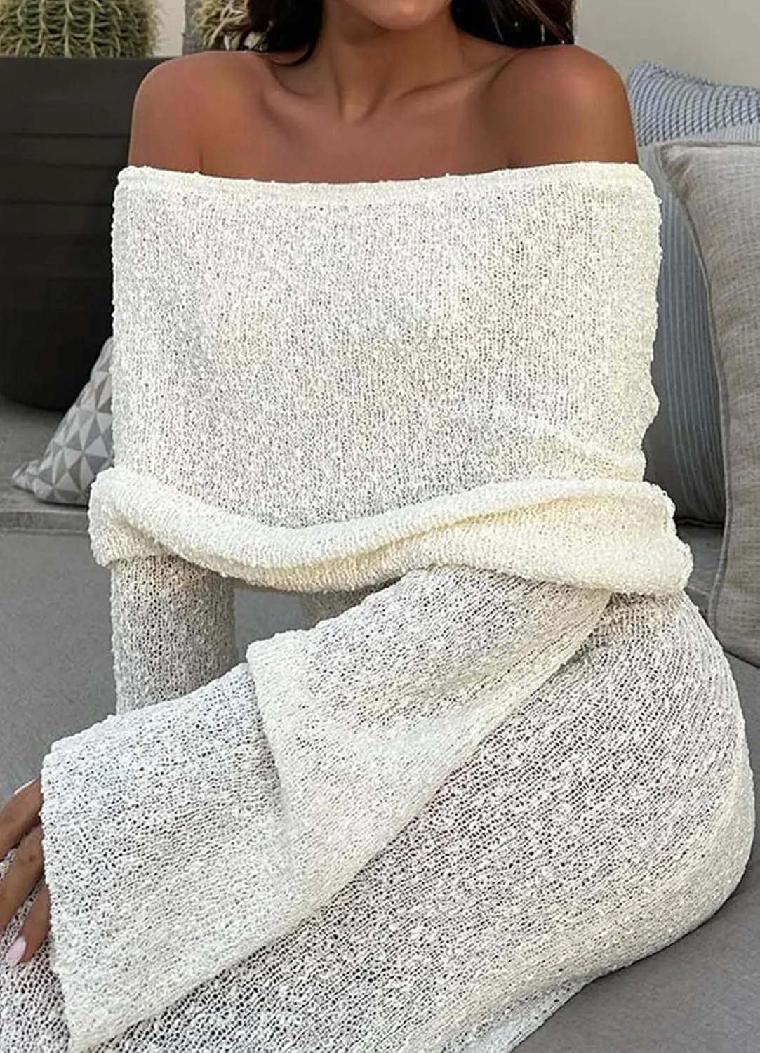 Women Sexy Off Shoulder Maxi Dress Long Sleeve Knit Crochet Bodycon Ruched Mesh Beach Vacation Party Sweater Dresses