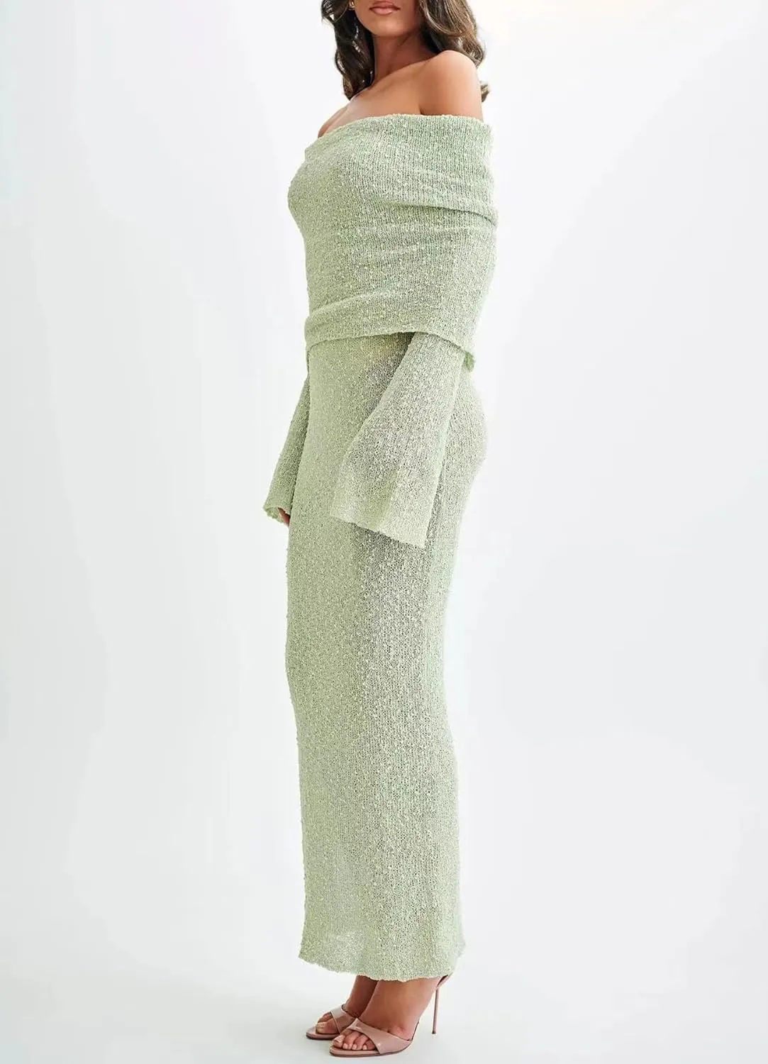 Women Sexy Off Shoulder Maxi Dress Long Sleeve Knit Crochet Bodycon Ruched Mesh Beach Vacation Party Sweater Dresses