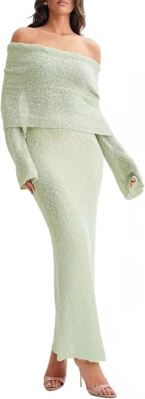 Women Sexy Off Shoulder Maxi Dress Long Sleeve Knit Crochet Bodycon Ruched Mesh Beach Vacation Party Sweater Dresses