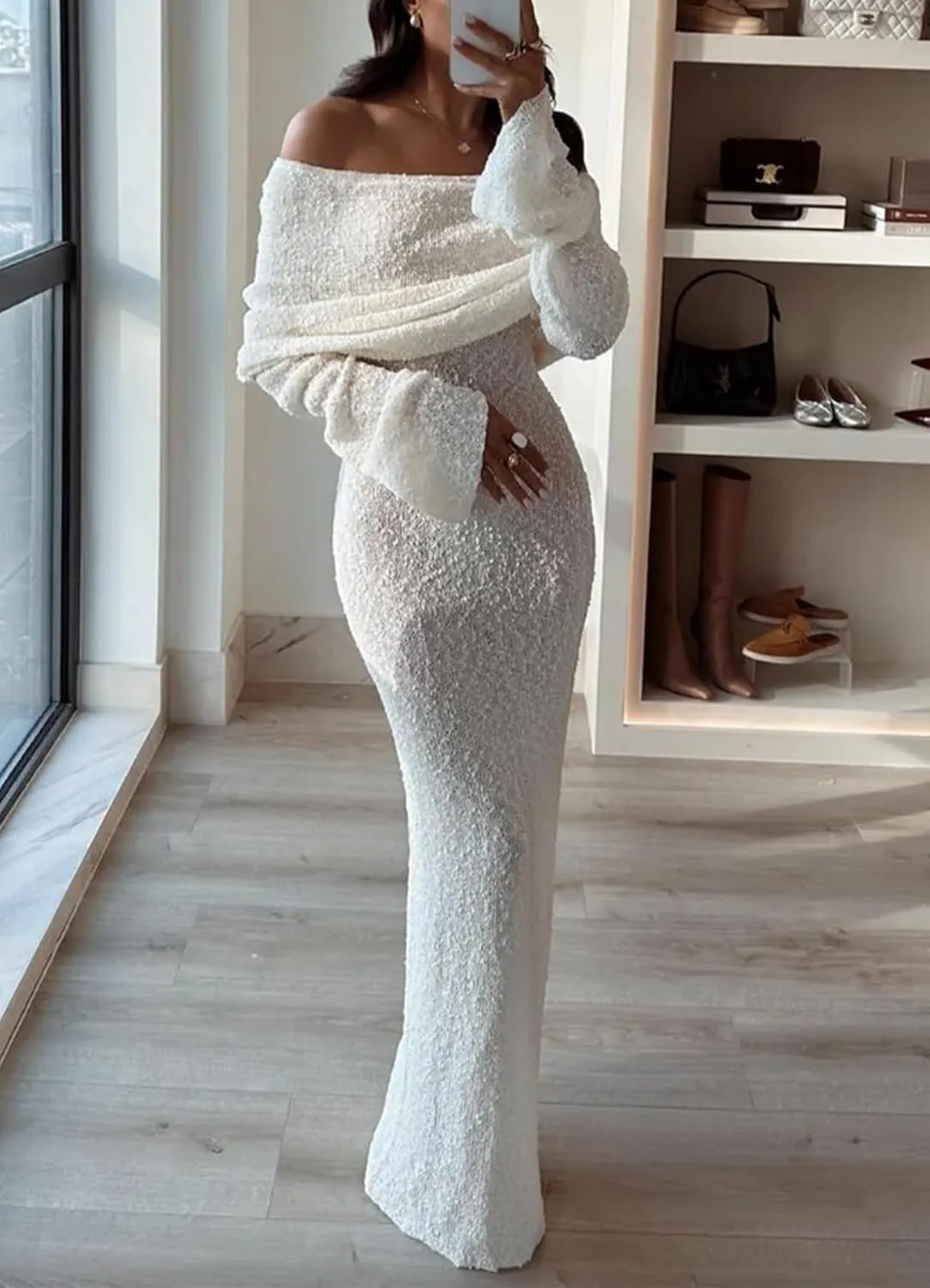 Women Sexy Off Shoulder Maxi Dress Long Sleeve Knit Crochet Bodycon Ruched Mesh Beach Vacation Party Sweater Dresses