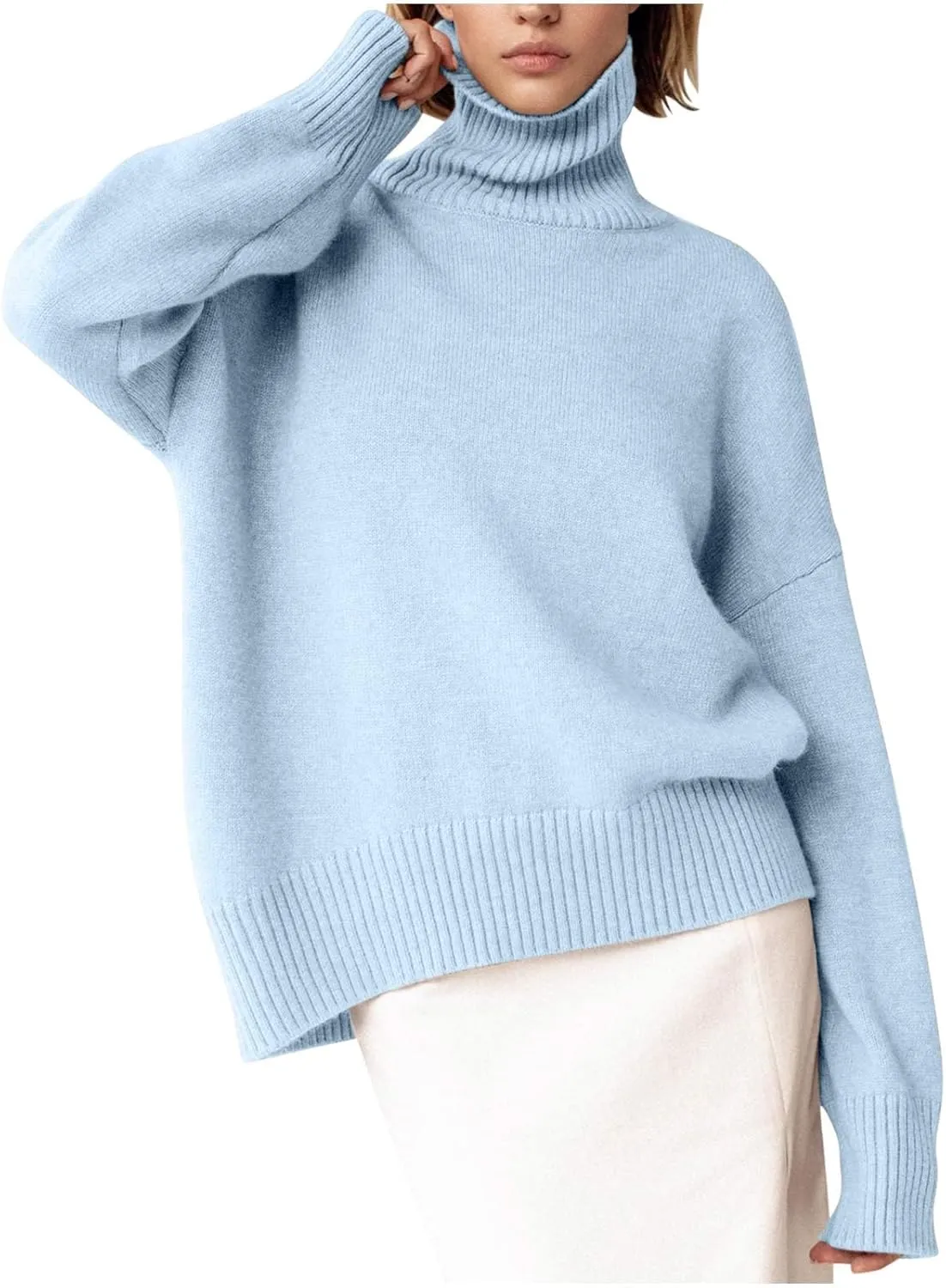 Women's 2024 Fall Turtleneck Long Sleeve Ribbed Knit Casual Soft Pullover Sweater Jumper Top Oversized Sweaters