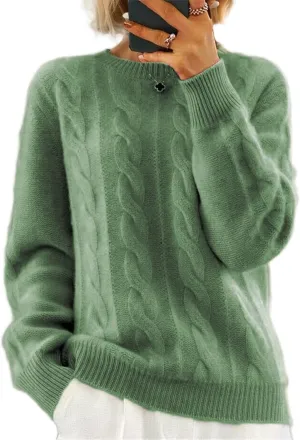 Women's Cable Knit Chunky Sweater Crewneck Long Sleeve Solid Retro Warm Elegant Pullover Jumper Knitwear