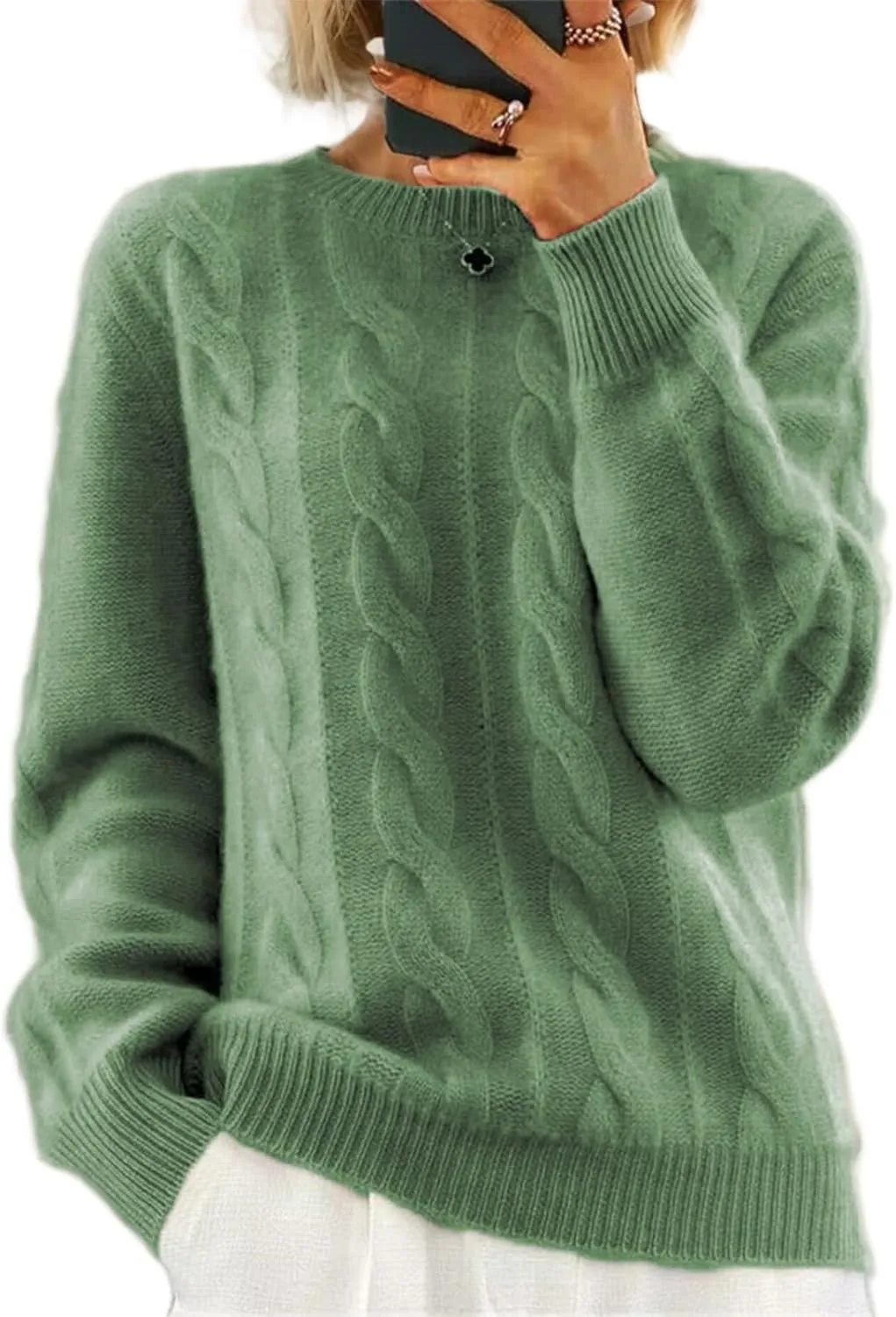 Women's Cable Knit Chunky Sweater Crewneck Long Sleeve Solid Retro Warm Elegant Pullover Jumper Knitwear