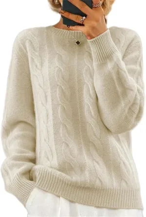 Women's Cable Knit Chunky Sweater Crewneck Long Sleeve Solid Retro Warm Elegant Pullover Jumper Knitwear