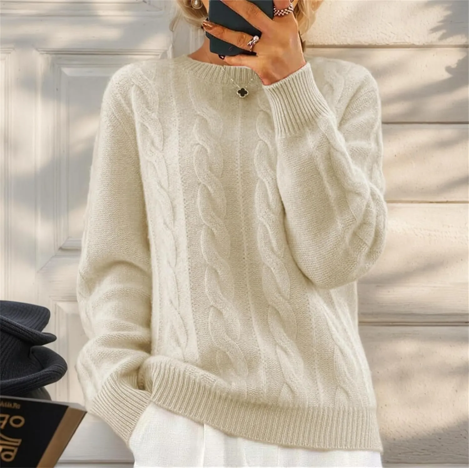 Women's Cable Knit Chunky Sweater Crewneck Long Sleeve Solid Retro Warm Elegant Pullover Jumper Knitwear