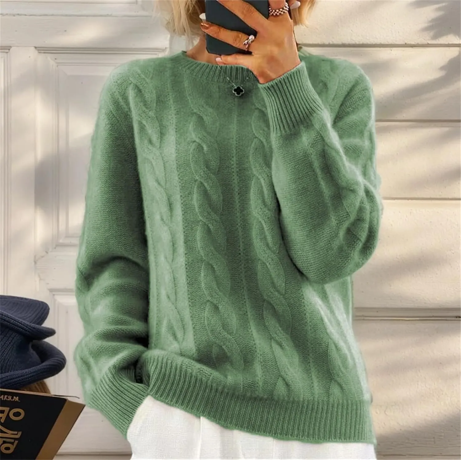 Women's Cable Knit Chunky Sweater Crewneck Long Sleeve Solid Retro Warm Elegant Pullover Jumper Knitwear