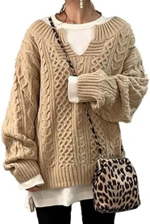 Women's Chunky V Neck Cable Knit Sweater Oversized Vintage Casual Loose Cute Pullover Jumper Tops