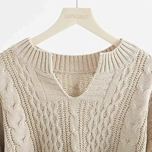 Women's Chunky V Neck Cable Knit Sweater Oversized Vintage Casual Loose Cute Pullover Jumper Tops