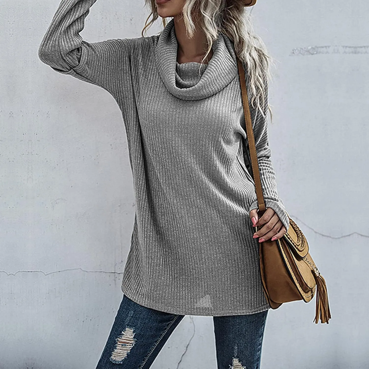 Women's Cowl Neck Casual Oversized Sweater Turtleneck Long Sleeve Tunic Ribbed Knit Pullover Tops Loose Soft Jumper