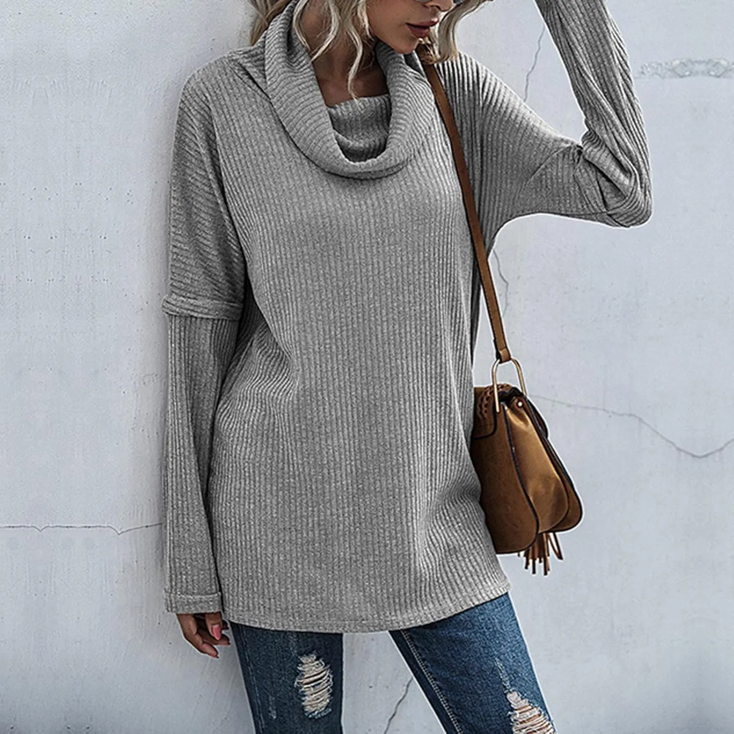 Women's Cowl Neck Casual Oversized Sweater Turtleneck Long Sleeve Tunic Ribbed Knit Pullover Tops Loose Soft Jumper