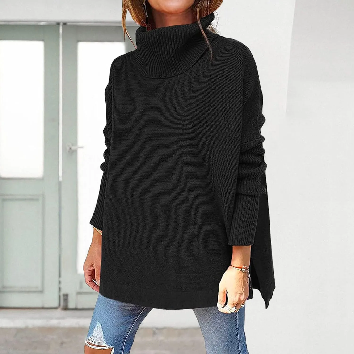 Womens Knit Sweater Oversized Turtleneck Sweater Baggy Soft Warm Loose Sweater Long Sleeve Knit Sweaters